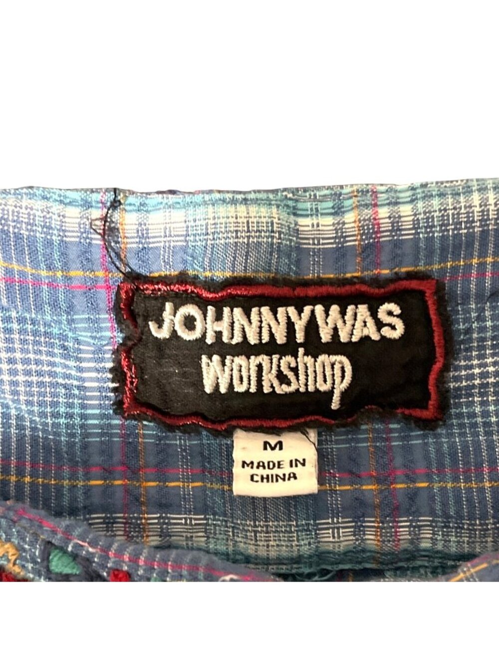 Johnny Was Workshop Women Size M Aimee Peasant Top Floral Embroidered Blue Plaid - Picture 5 of 8